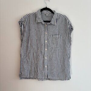 Orvis Linen Short Sleeve Striped Blue Womens Medium Top Button Up Lagenlook